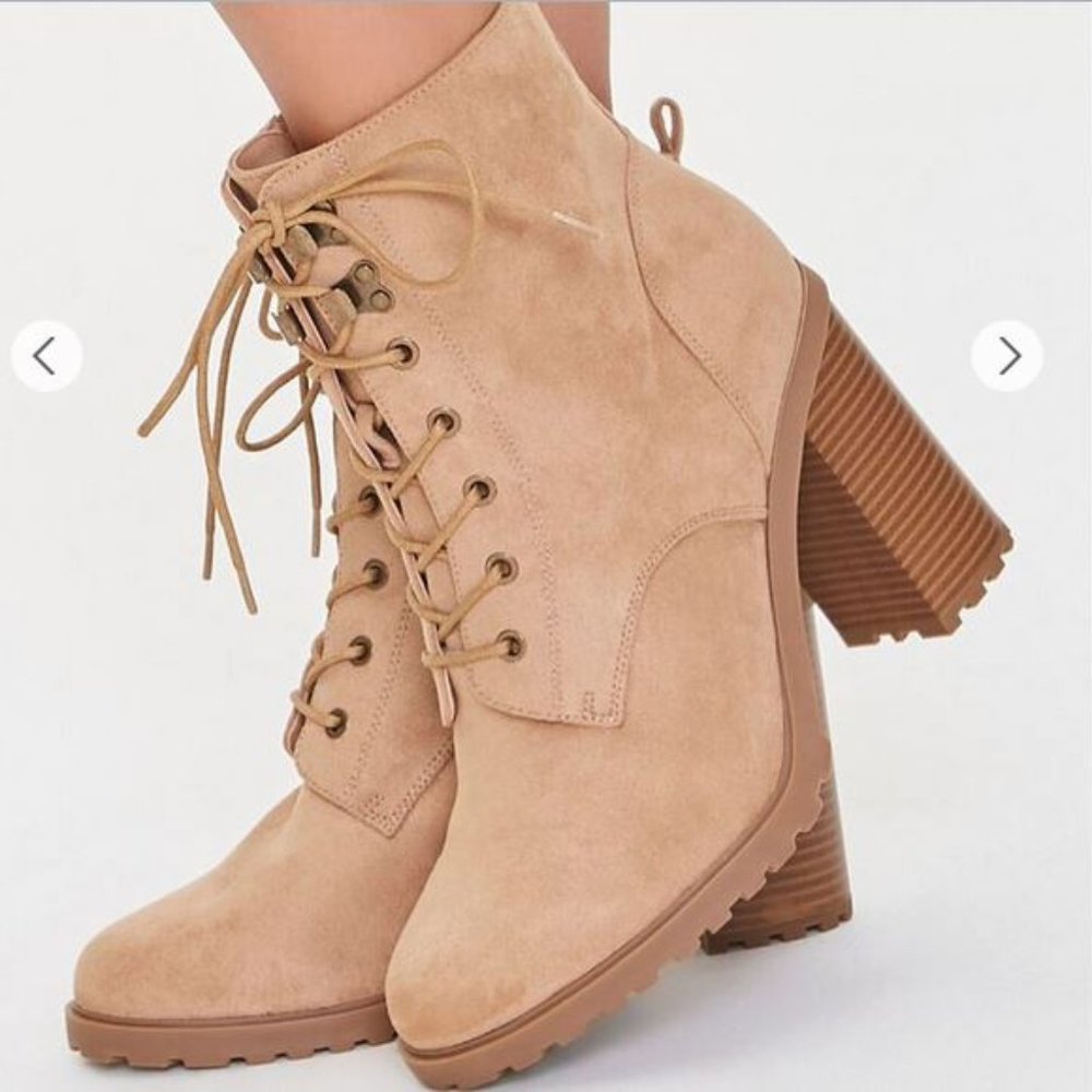 Forever 21 tan high heel lace up booties, NWT 7.5